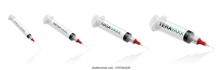 Anti vaxxer syringes, different sizes for simple vaccination and extensive global coronavirus immunization. Vector illustration on white background.
