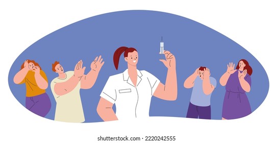 Anti vaxxers and doctor with syringe. People scared vaccination, man woman in panic looking at medicine. Fear of injection, vector adults phobia concept
