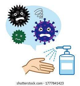 Anti virus with alcohol disinfectant. Cartoon character illustration.