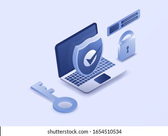 Protección de seguridad de datos antivirus con icono de escudo. Ilustración vectorial isométrica 3D