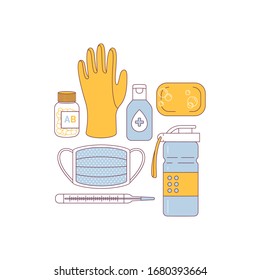 Anti virus remedies set. Medications, water bottle, rubber glove, sanitzer, medical mask, soap, vitamins, thermometer. Flat line art. 