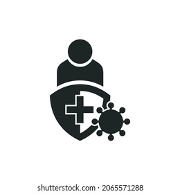 Anti virus shield icon isolated of flat style design. Vaccine shield from virus icon