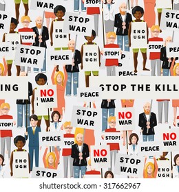 Anti war demonstration, crowd of flat people, seamless pattern