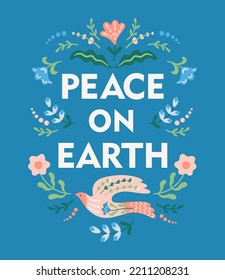 Anti war illustration. Dove of peace and flowers. Vector template for card, poster, flyer and other use