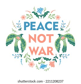 Anti war illustration. Dove of peace and flowers. Vector template for card, poster, flyer and other use