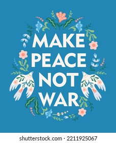Anti war illustration. Dove of peace and flowers. Vector template for card, poster, flyer and other use