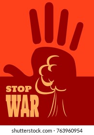 Anti war poster. Stop war text. Palm in stop gesture and atomic bomb explosion