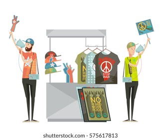 Anti war propaganda design composition with two young men advertising shirts with no war symbols cartoon flat vector illustration