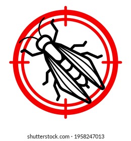 Anti wasp vector line icon. Editable stroke. Red prohibiting target with insect. Minimal design