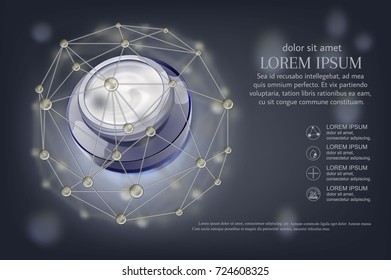 Anti wrinkles facial cream ads poster template. Cosmetics package mockup design. 3d vector illustration. Lifting cream jar on creamy swirling background with crown splashes.