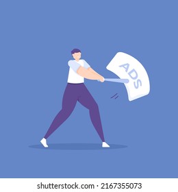 Anti-advertising. A Man Hits An Annoying Advertisement With A Baseball Bat. A Metaphor For A Security Application Or Protection Software From Annoying Pop Ups. Adblock. Concept Illustration Design