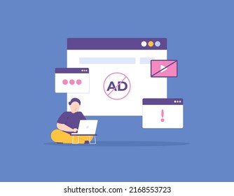 Anti-advertising. A User Uses A Browser App On A Laptop To Browse The Virtual World. Security Application Or Protection Software From Annoying Pop Ups. Adblock. Concept Illustration Designs