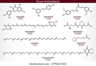 Anti-age and biohacking power antioxidants molecules set, quercetin, resveratrol, curcumin, astaxanthin, glutathione, lycopene, lipoic acid, coenzyme q10.