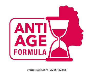 Anti-age formula - label for cosmetics or cosmetology products packaging - woman face and sand clock - isolated vector sign