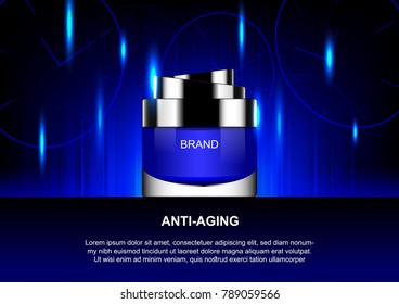 Anti-aging with blue lights on clock background concept
