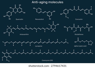 Anti-aging and cellular longevity power antioxidants molecules set, quercetin, resveratrol, curcumin, astaxanthin, glutathione, lycopene, lipoic acid, coenzyme q10