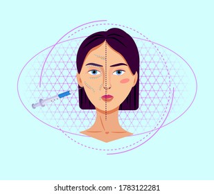 Antiaging collagen injections illustration. Mesotherapy procedures to eliminate wrinkles cosmetological lifting face plastic surgery with surgical aging delay beautiful vector correction.