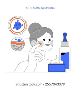 Anti-aging cosmetics concept. Woman applies rejuvenating cream, symbolized by exosomes. Age-defying skincare routine. Vector illustration.