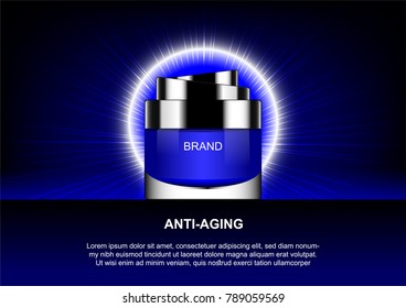 Anti-aging cream with light ring and speed lines on dark background