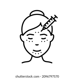 Anti-aging Skin Care Procedure for Women. Facial Wrinkles Line Icon. Woman Botox injection. Mesotherapy, Acid and Filler Outline Icon. Editable Stroke. Isolated Vector Illustration.