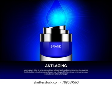 Anti-aging with water drop and shining light on blue background