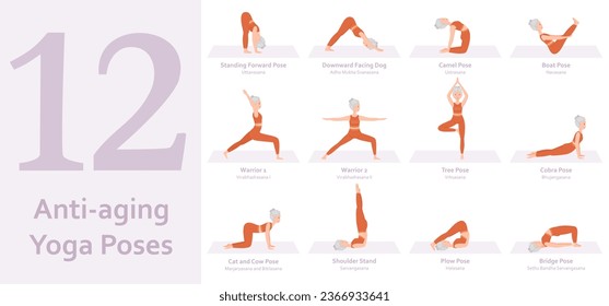 Anti-aging Yoga poses. Elderly woman practicing yoga asana. Healthy lifestyle. Full body yoga, fitness, aerobic and exercises workout. Flat cartoon character. Vector illustration