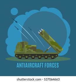 Antiaircraft force on blue background with text vector illustration.