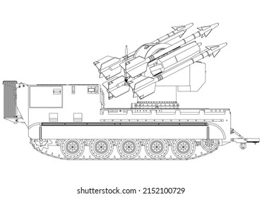 Flugabwehrraketensystem. Raketen und Muscheln. Spezielle militärische Ausrüstung. Luftangriff. Vektor Military Maschine. Militärfahrzeug-Logo.