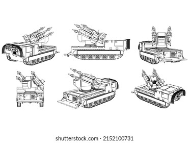 Sistema de misiles antiaéreos. Cohetes y conchas. Equipo militar especial. Ataque aéreo. Máquina militar vectorial. Logotipo de vehículo militar.