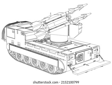 Sistema de misiles antiaéreos. Cohetes y conchas. Equipo militar especial. Ataque aéreo. Máquina militar vectorial. Logotipo de vehículo militar.