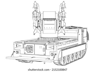 Anti-aircraft missile system. Rockets and shells. Special military equipment. Air Attack. Vector Military machine. Military vehicle logotype.