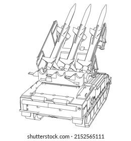 Sistema de misiles antiaéreos. Cohetes y conchas. Equipo militar especial. Ataque aéreo. Máquina militar vectorial. Logotipo de vehículo militar.
