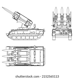 Sistema de misiles antiaéreos. Cohetes y conchas. Equipo militar especial. Ataque aéreo. Máquina militar vectorial. Logotipo de vehículo militar.