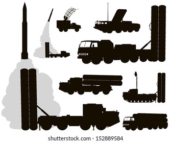 Anti-aircraft warfare silhouettes set#2. Vector on separate layers