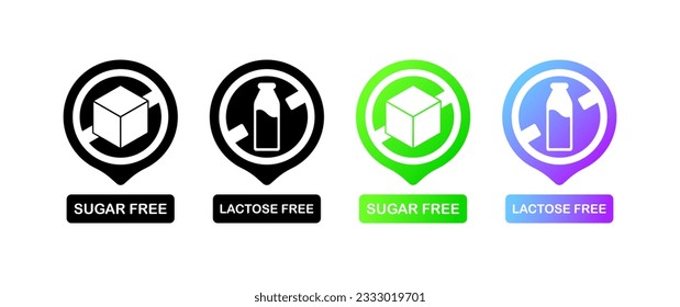 Anti-allergic products. Flat, colored, sugar- and lactose-free products. Vector icons.