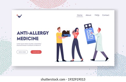 Anti-Allergy Medicine Landing Page Template. Doctor Character Prescribe Anti Histamines to Woman with Allergy on Cat Fur. Girl Having Asthma Rhinitis to Animal Fur. Cartoon People Vector Illustration