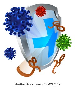 Antibacterial or anti virus shield protection concept  of a shield with bacteria or virus cells bouncing off it