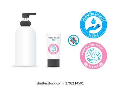 Antibacterial antiviral alcohol sanitizer gel and hand wash lotion   bottle with dermatologically tested vector label healthy safe product concept design.