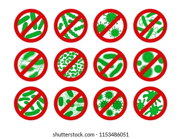 Antibacterial and antiviral defence  icon. Stop bacteria and viruses prohibition sign. Antiseptic. Green germ in flat style isolated on white background. Vector  emblem.