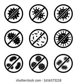 Antibacterial and antiviral defence set icon. Stop bacteria and viruses prohibition sign , logo isolated on white background