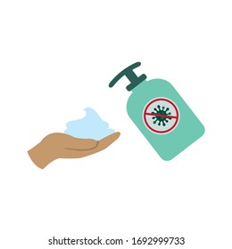 Antibacterial, antiviral soap, hand holding foam, soap or lotion. hygiene vector icon