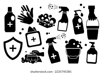 Antibacterial black set. Collection of minimalistic stickers for social networks and messengers. Beauty and hygiene, health care. Cartoon flat vector illustrations isolated on white background
