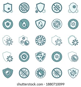 Antibacterial Defence colored icons set. Virus and Shield vector concept signs. Bacteria protection creative symbols