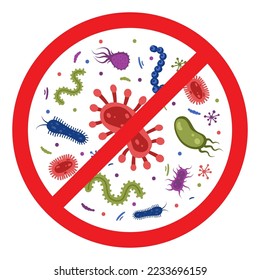 Antibacterial defence icon. Stop bacteria and viruses prohibition sign. Antiseptic. Various bacteria in the red crossed-out circle. Vector illustration