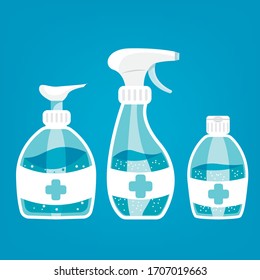 Antibacterial disinfectant spray and gel soap. Bottle dispenser icon. Alcohol disinfectant. Protection concept: coronavirus, 2019-nCoV, influenza, virus. Flat vector illustration