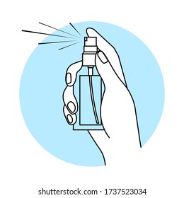 Concepto de dispensador antibacteriano.Uso del spray de botellas para desinfectantes a mano.Limpieza de manos de bacterias, gérmenes.Protección contra virus.Prevención de coronavirus.Icono aislado de línea plana vectorial.Uso de alcohol a base de rociadores.