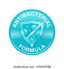 Antibacterial formula emblem - shield with crossed bacteries inside - vector isolated sign for antiseptic cosmetics and medical pharmaceutical products