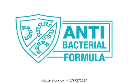 Antibacterial formula horizontal stamp - shield with crossed bacterias inside in thin line decoration - vector isolated sign for antiseptic cosmetics and medical pharmaceutical products 