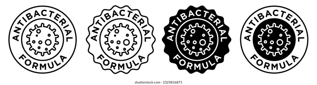 antibacterial formula icon. Vector set of germ free antiseptic sign symbol. Stamp collection of health hygiene safe emblem circle black web ui mark.