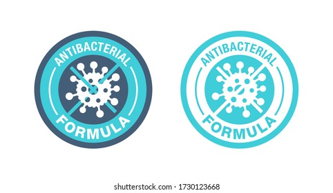 Sello de fórmula antibacteriana - emblema del virus bacteriano tachado - signo aislado vector para antibióticos cosméticos antisépticos y productos médicos